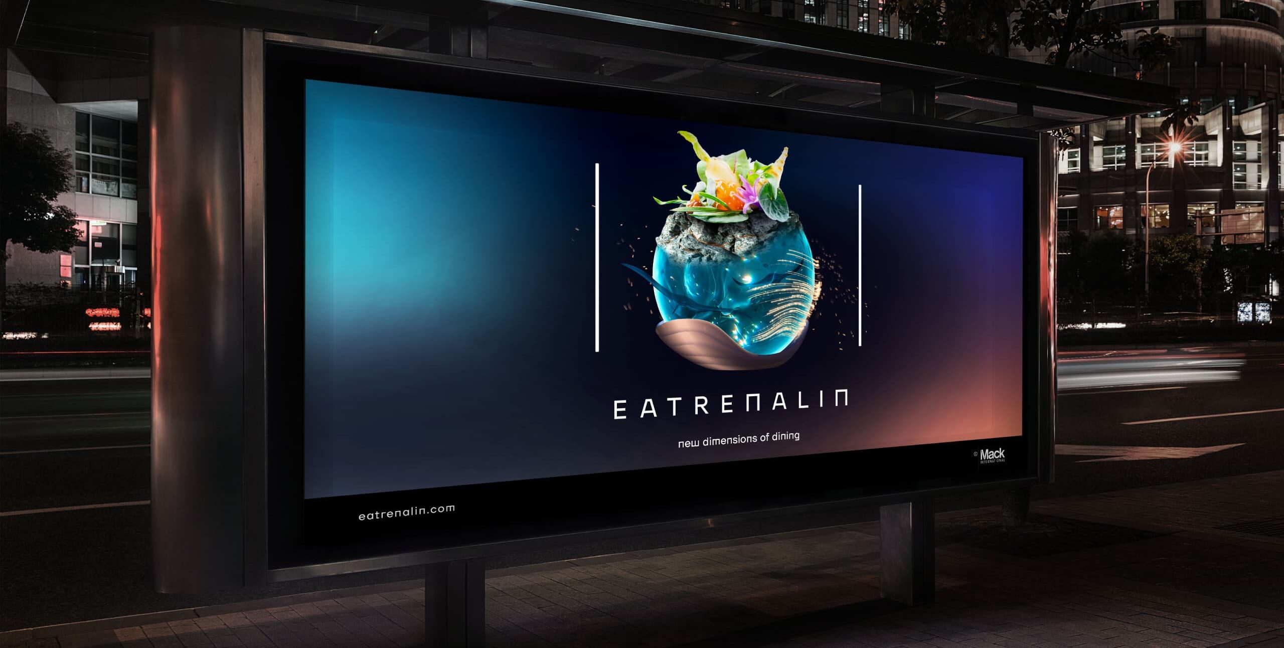 Bus station out-of-home advertising mockup with Eatrenalin branding.