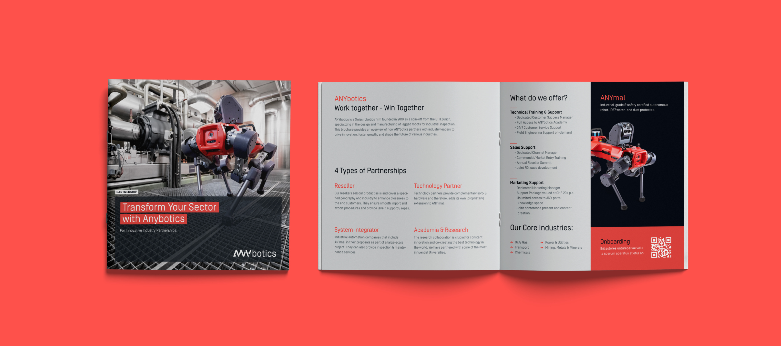 Printed booklet design presenting ANYbotics' brand and content.