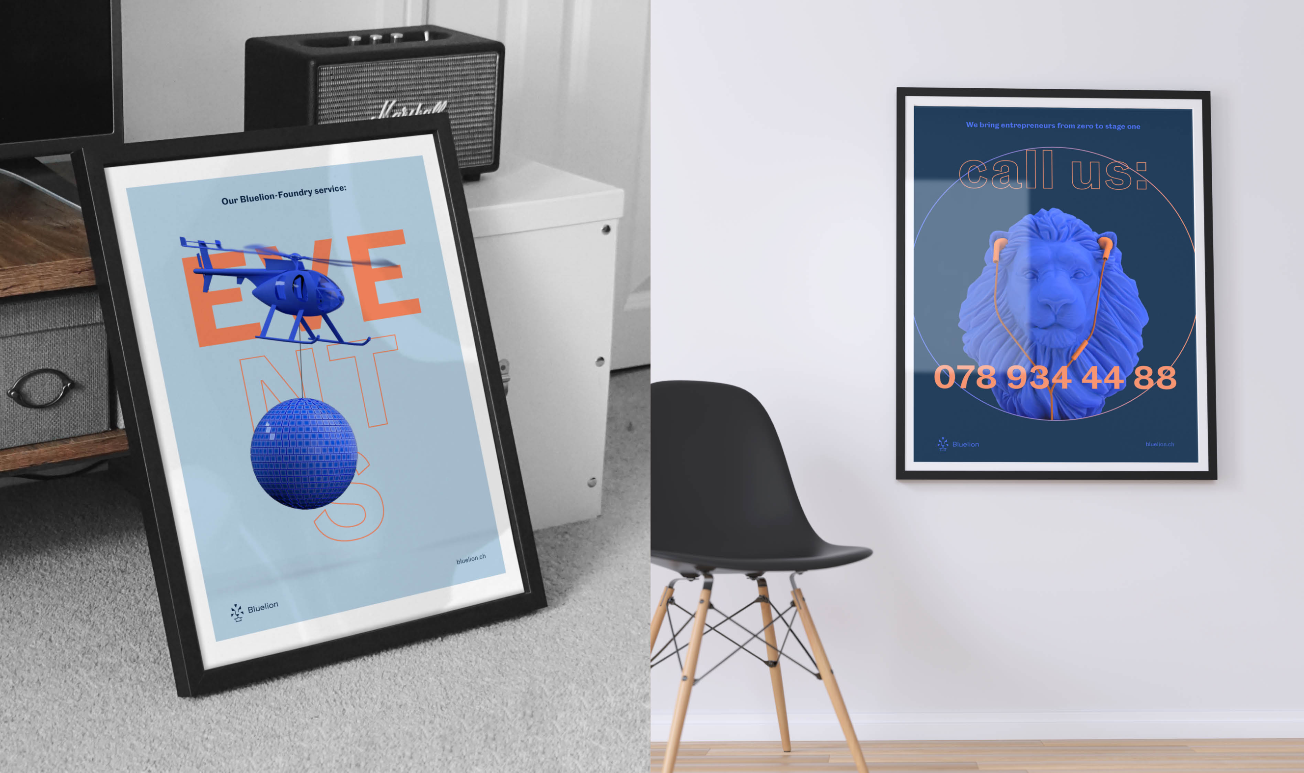 Framed poster mockup with BlueLion brand visuals.