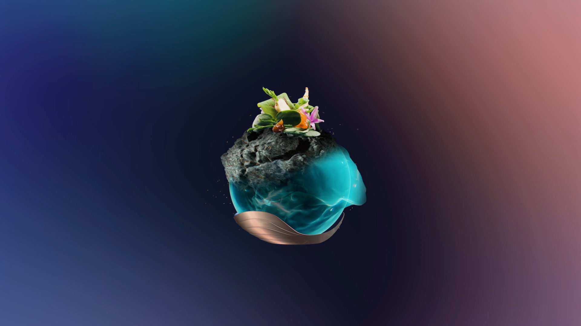 Lead brand visual: glowing 3D sphere with ocean rocks, shell-like textures, and soft lighting.