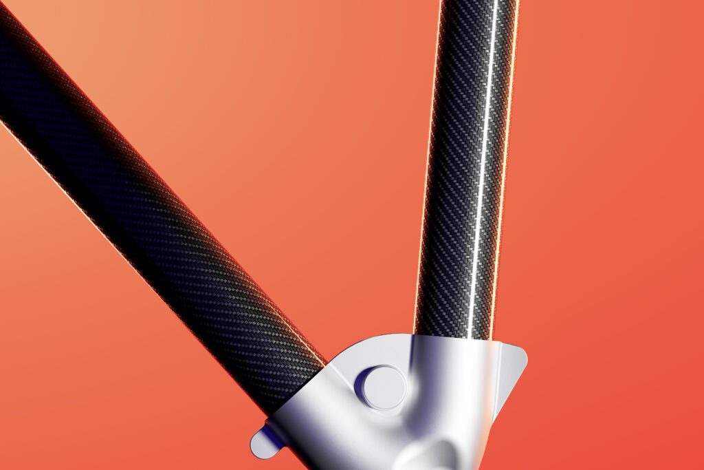 Stylized 3D render of carbon fiber seat base in orange tones.