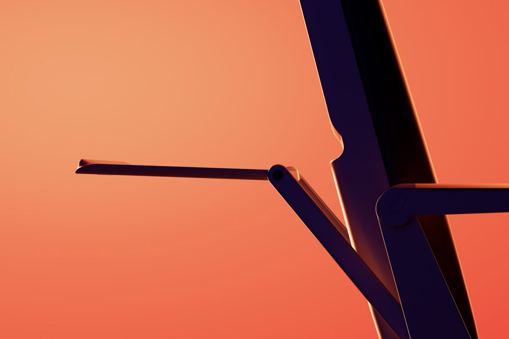 Side profile render of backrest and tray table in an artistic orange theme.