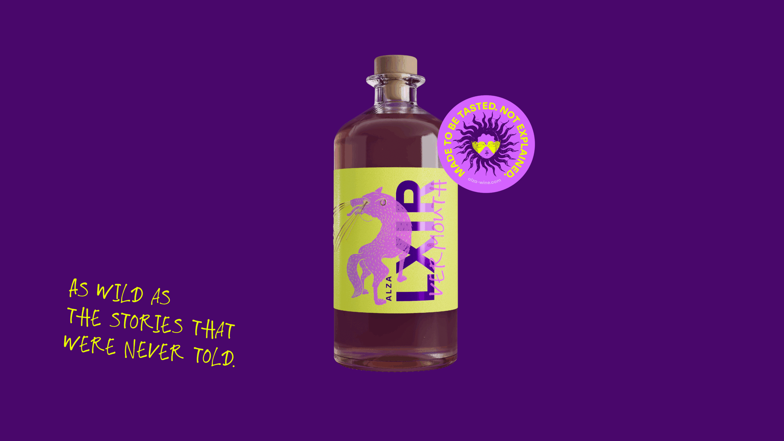 3D render of a bold, playful vermouth bottle in bright brand colors.