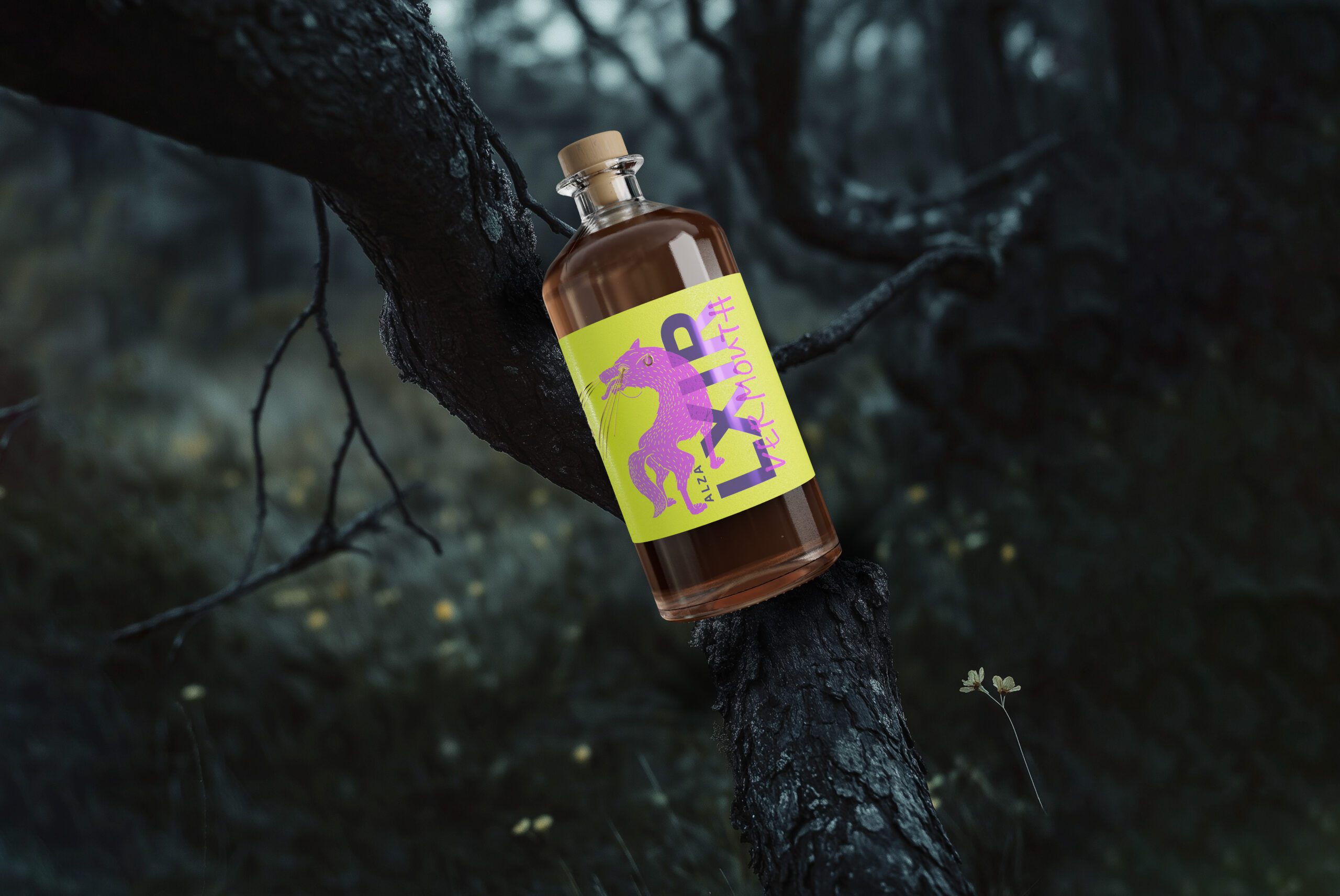 LXIR bottle placed in nature, standing out with loud branding colors.