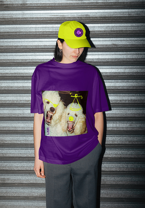 Merch mockup: cap and t-shirt with the energetic LXIR identity.