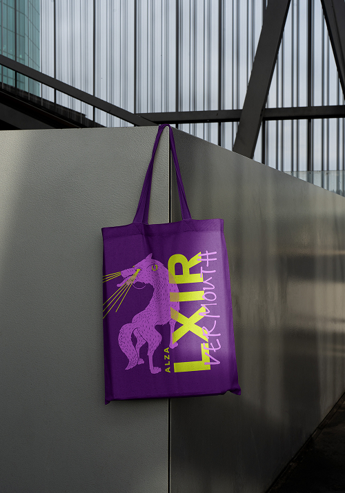 Tote bag mockup with bold LXIR design, playful and fashionable.