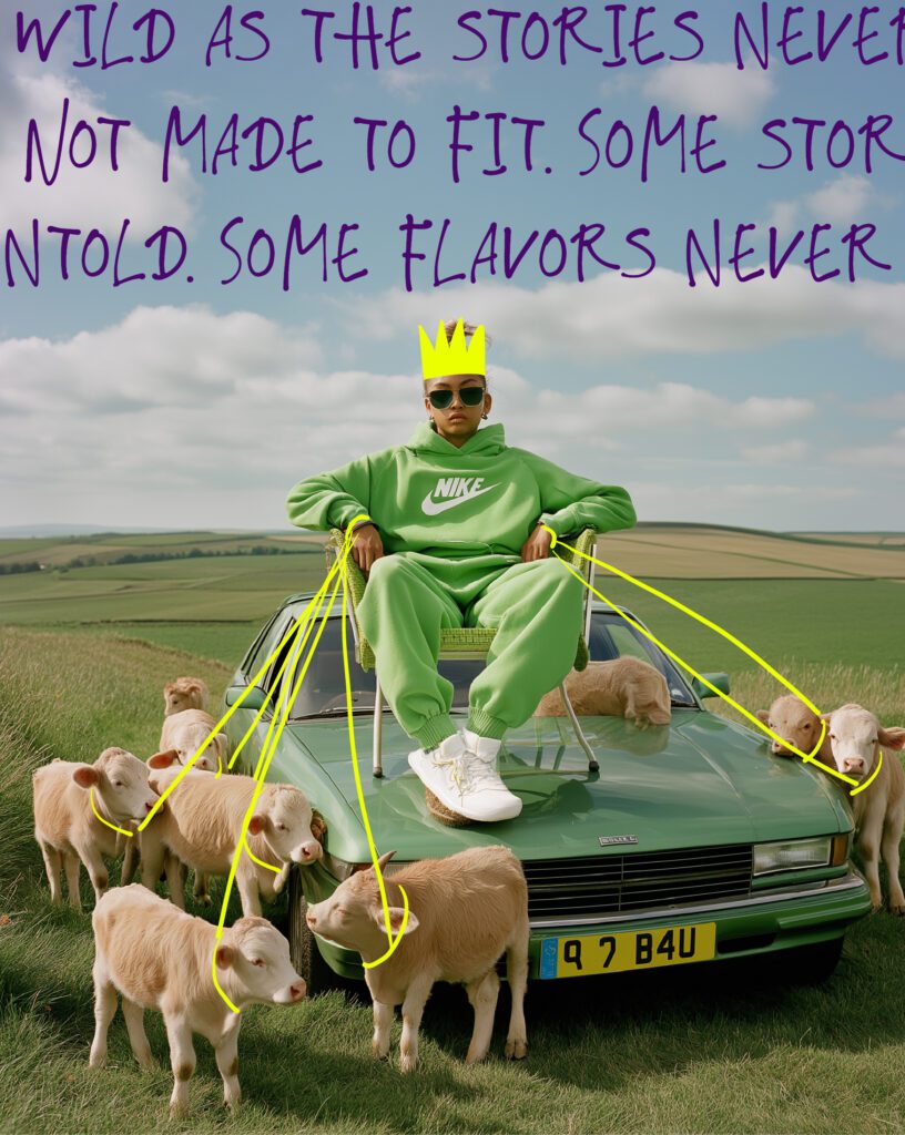 Whimsical photo of cows crowding around an old car in a wide-open field.